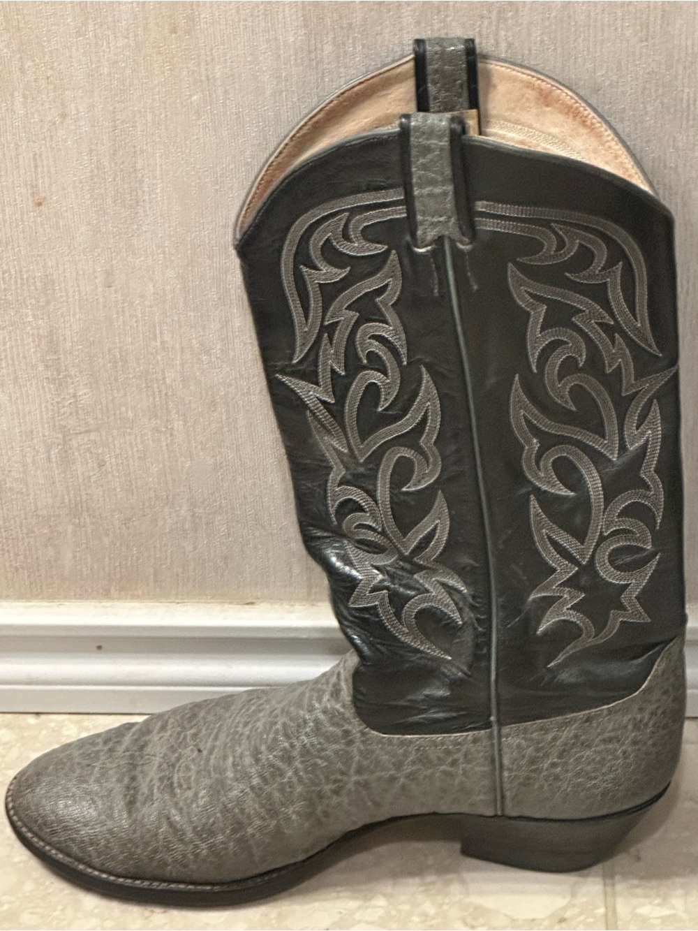 Larry Mahan Gray Elephant Foot with Black Leather Embroidered Shaft Cowboy Boots - Picture 5 of 16